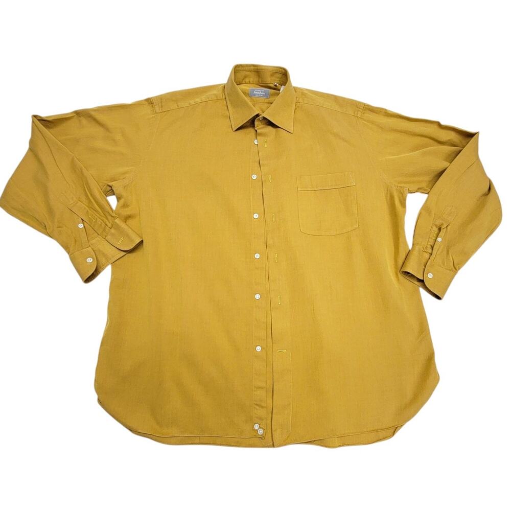 Lorenzini Neiman Marcus Mens Shirt 17.5 44 Italy Mustard Gold Cotton Button Up